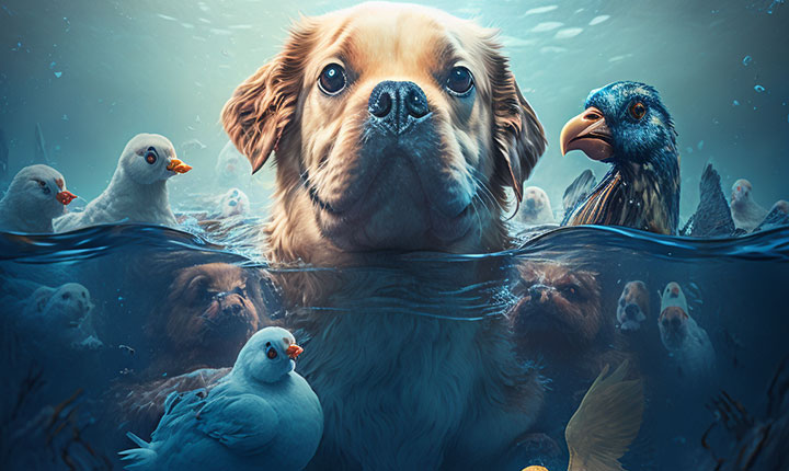De galinhas, cães e uma piscina