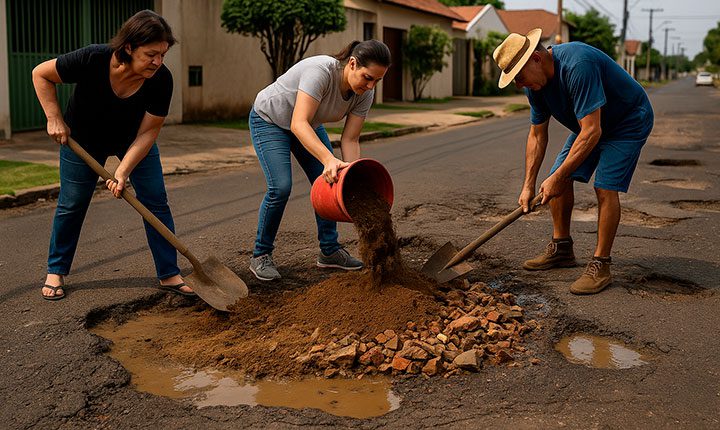 Só buraco: moradores assumem serviço que prefeitura não entrega