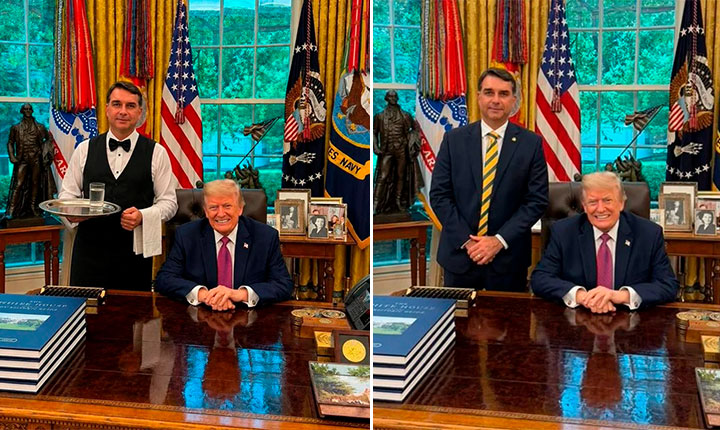 Subserviência e entreguismo estampam a foto que Flávio Bolsonaro quer usar como boia de salvação